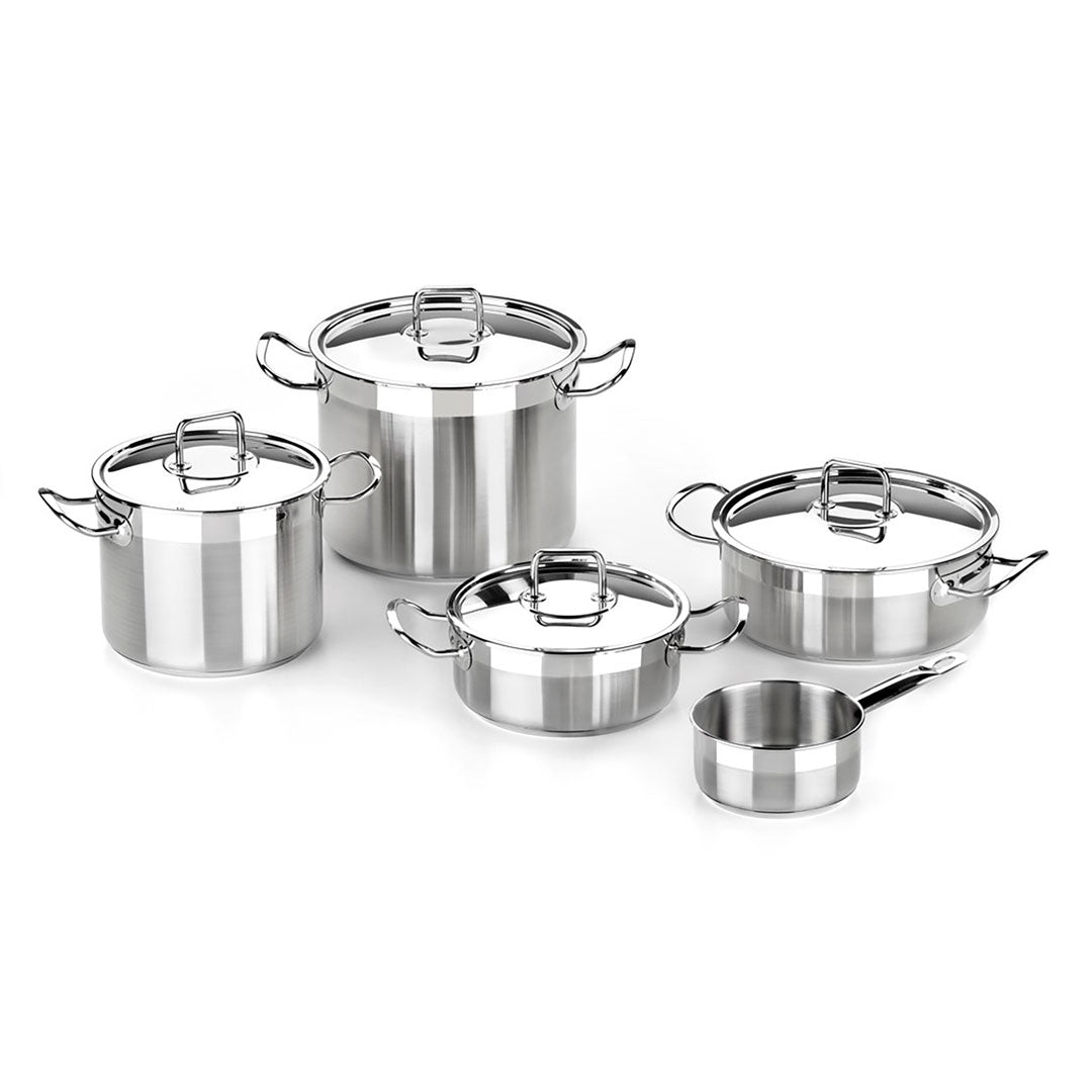 Juego de ollas profesional PINTI INOX 18/10 BRA 5 piezas CON TAPA (TOTAL 9 piezas) TAMBIÉN APTO PARA INDUCCIÓN de 1 a 4 personas