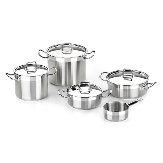 Juego de ollas profesional PINTI INOX 18/10 BRA 5 piezas CON TAPA (TOTAL 9 piezas) TAMBIÉN APTO PARA INDUCCIÓN de 1 a 4 personas