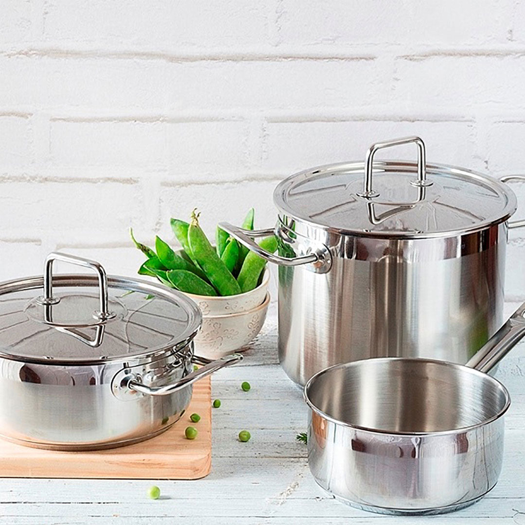 Juego de ollas profesional PINTI INOX 18/10 BRA 8 piezas CON TAPA (TOTAL 13 PIEZAS) triple fondo TAMBIÉN PARA INDUCCIÓN APTO PARA 1 A 6 PERSONAS