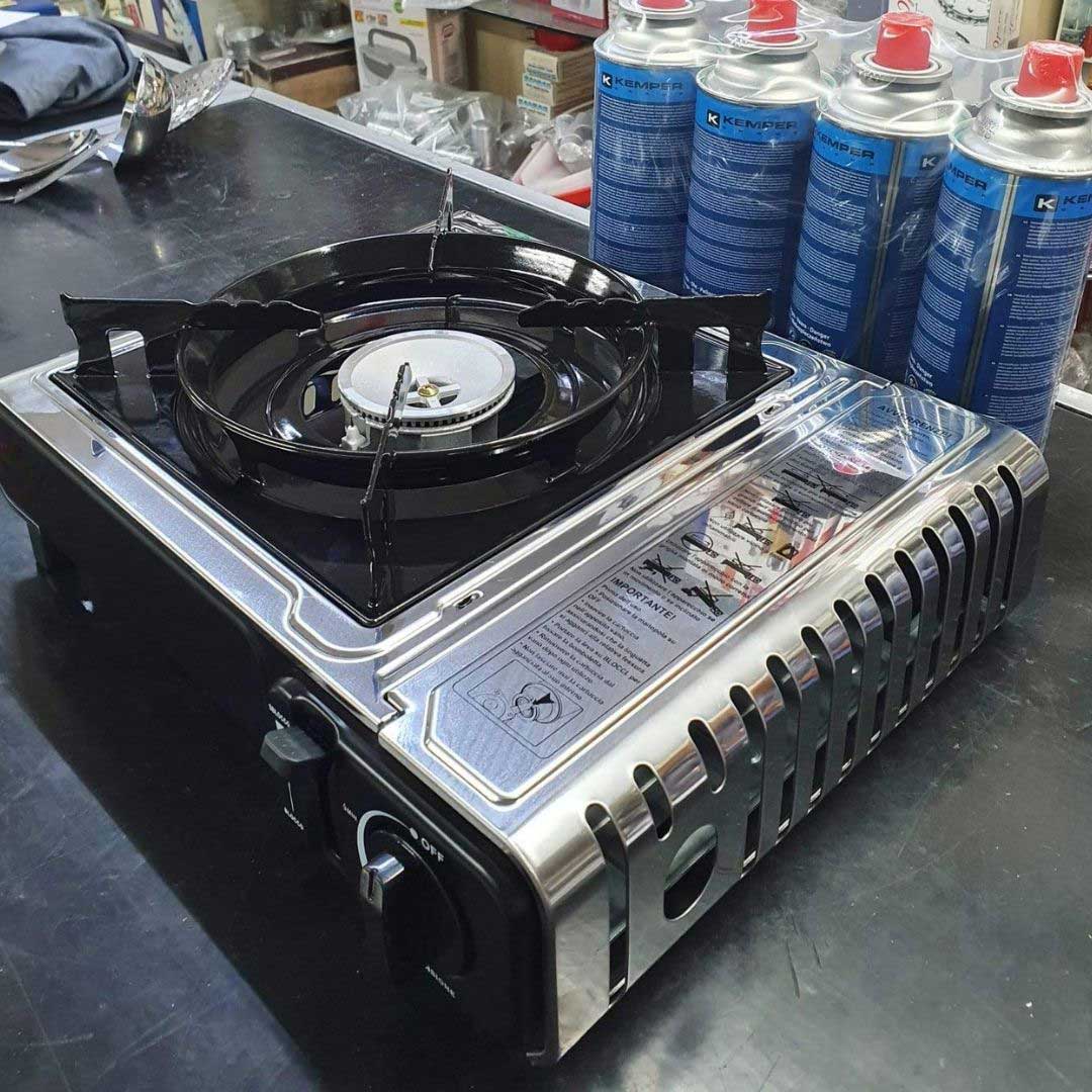 Fornello Portatile GPL Inox da Campeggio con Valigetta e 4 Cartucce Butano