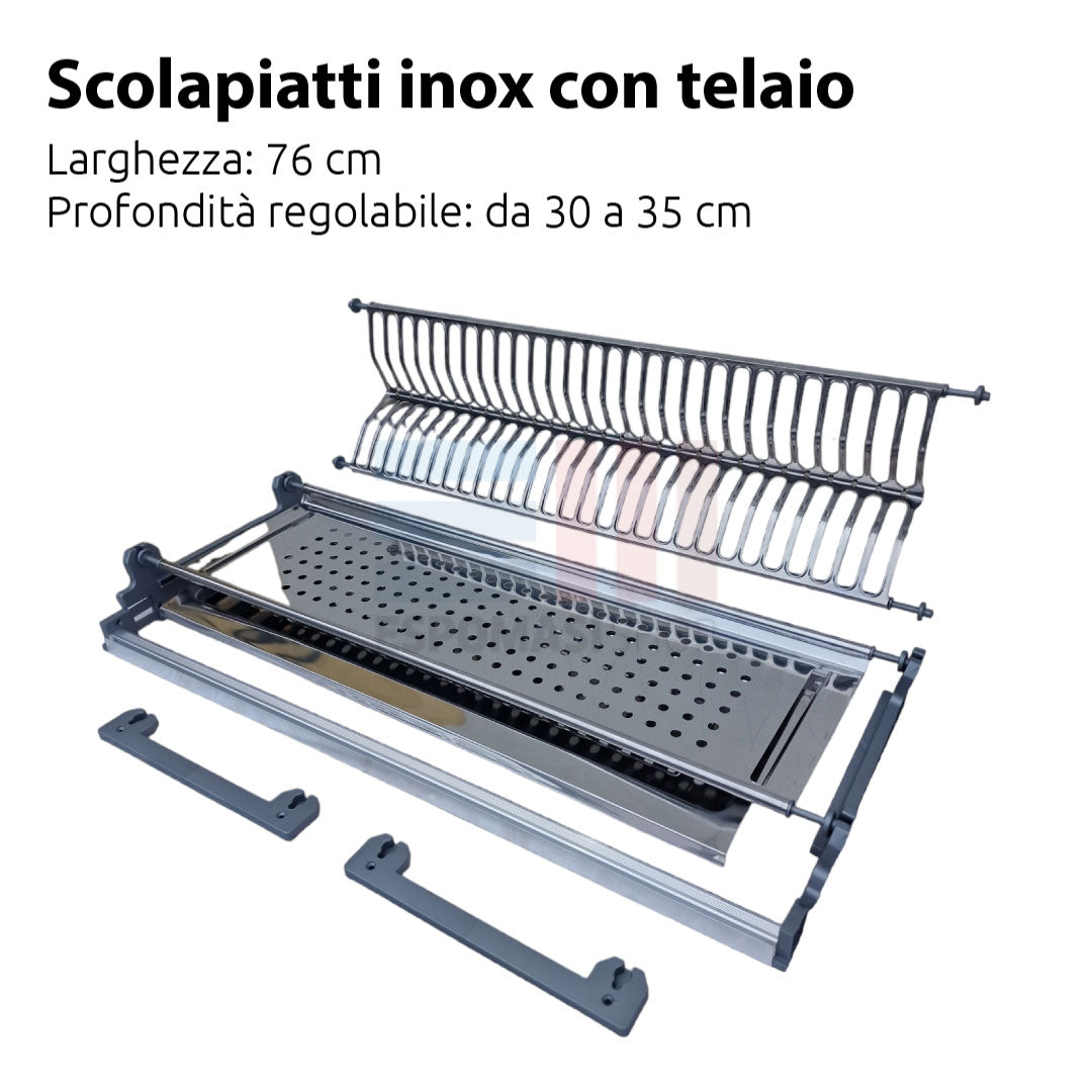 Scolapiatti in Acciaio Inox con Telaio in Alluminio Larghezza 86-76-56 cm Profondità Regolabile