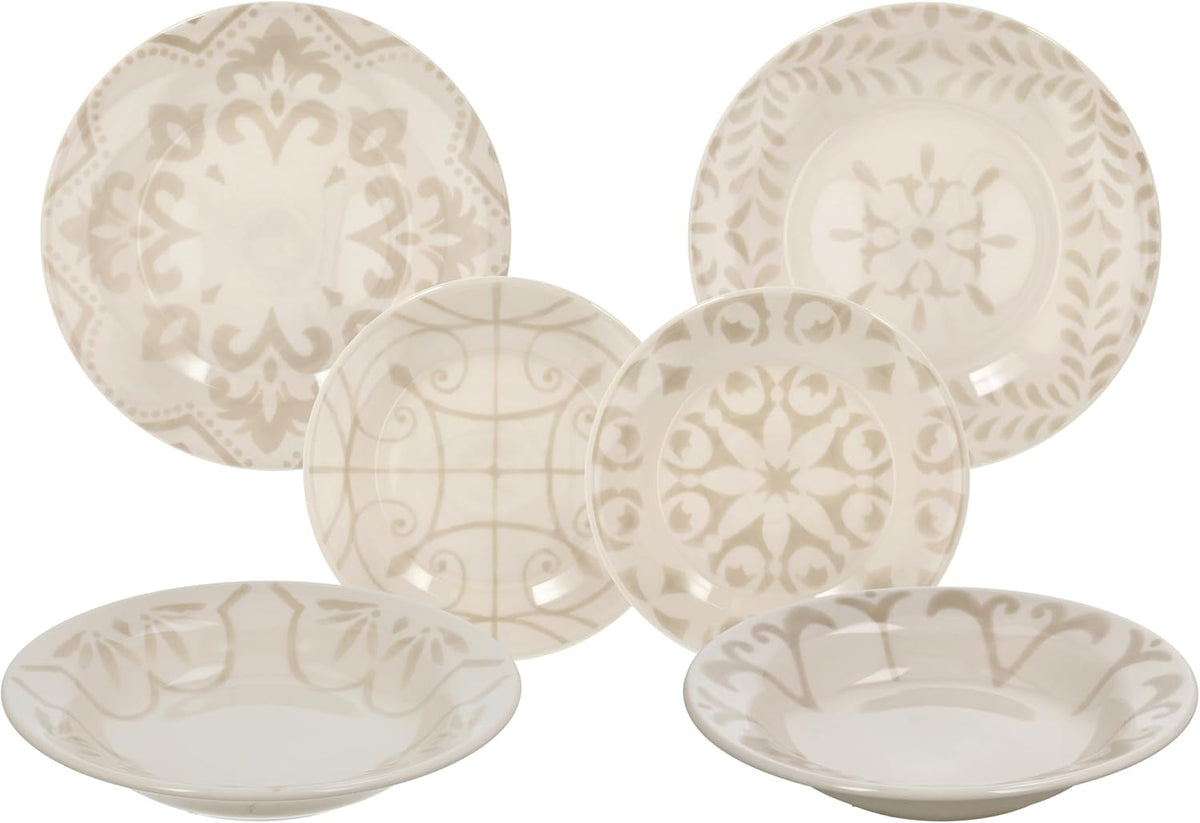 Tognana Servizio Tavola Vela Dahlia Ivory 18 Pezzi in Stoneware – Set Piatti 6 Persone Bianco Avorio con 2 Disegni Geometrici Coordinati