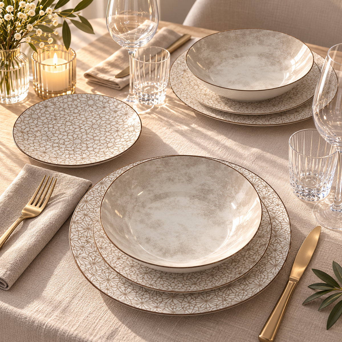 Tognana Servizio Tavola Madison Habana 18 Pezzi in Porcellana – Set Piatti 6 Persone Tortora Beige-Grigio con Decori Geometrici
