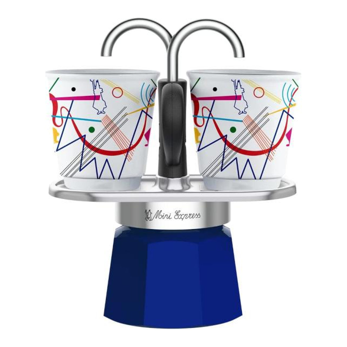 Bialetti Mini Express Kandinsky Blu 2 Tazze – Caffettiera Moka in Alluminio con Erogazione Diretta e 2 Tazzine Incluse – Set Regalo per Coppia, Gas No Induzione