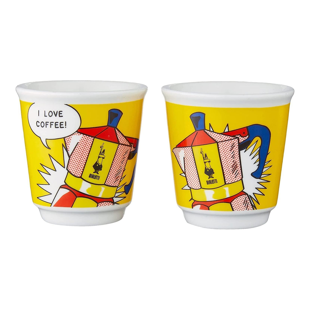 Bialetti Mini Express Lichtenstein Gialla 2 Tazze – Caffettiera Moka in Alluminio con Erogazione Diretta e 2 Tazzine Incluse – Set Regalo per Coppia, Gas No Induzione