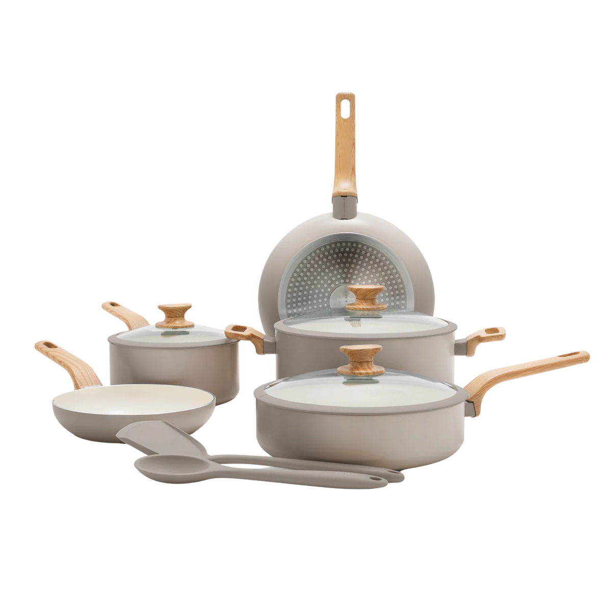GreenPan Rio Essence Set Pentole 10 Pezzi Antiaderente Ceramica Thermolon™ Senza PFAS Induzione con Manici Effetto Legno e Coperchi in Vetro con Bordo Siliconato