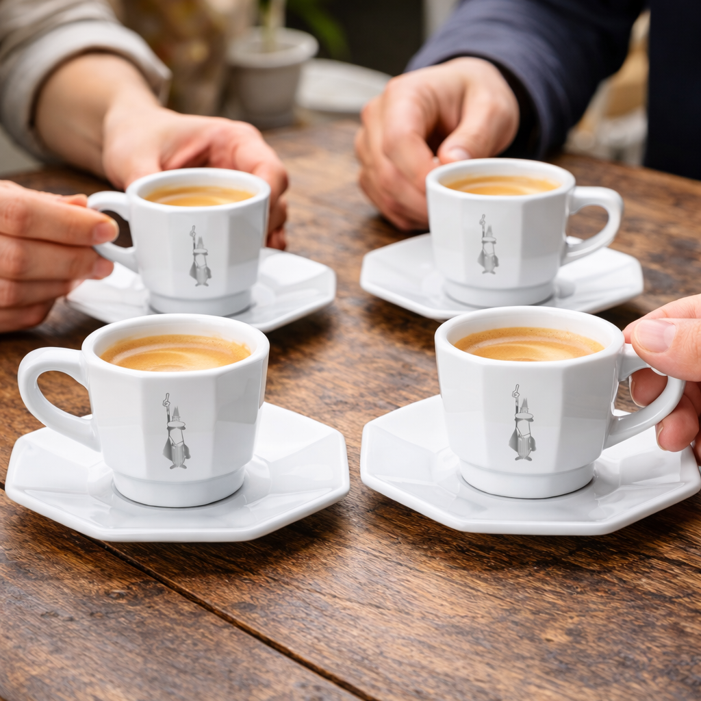 Bialetti Set 4 Tazzine Espresso Ottagonali con Piattini – Tazzine Moka Design Iconico 75 ml in Porcellana Bianca