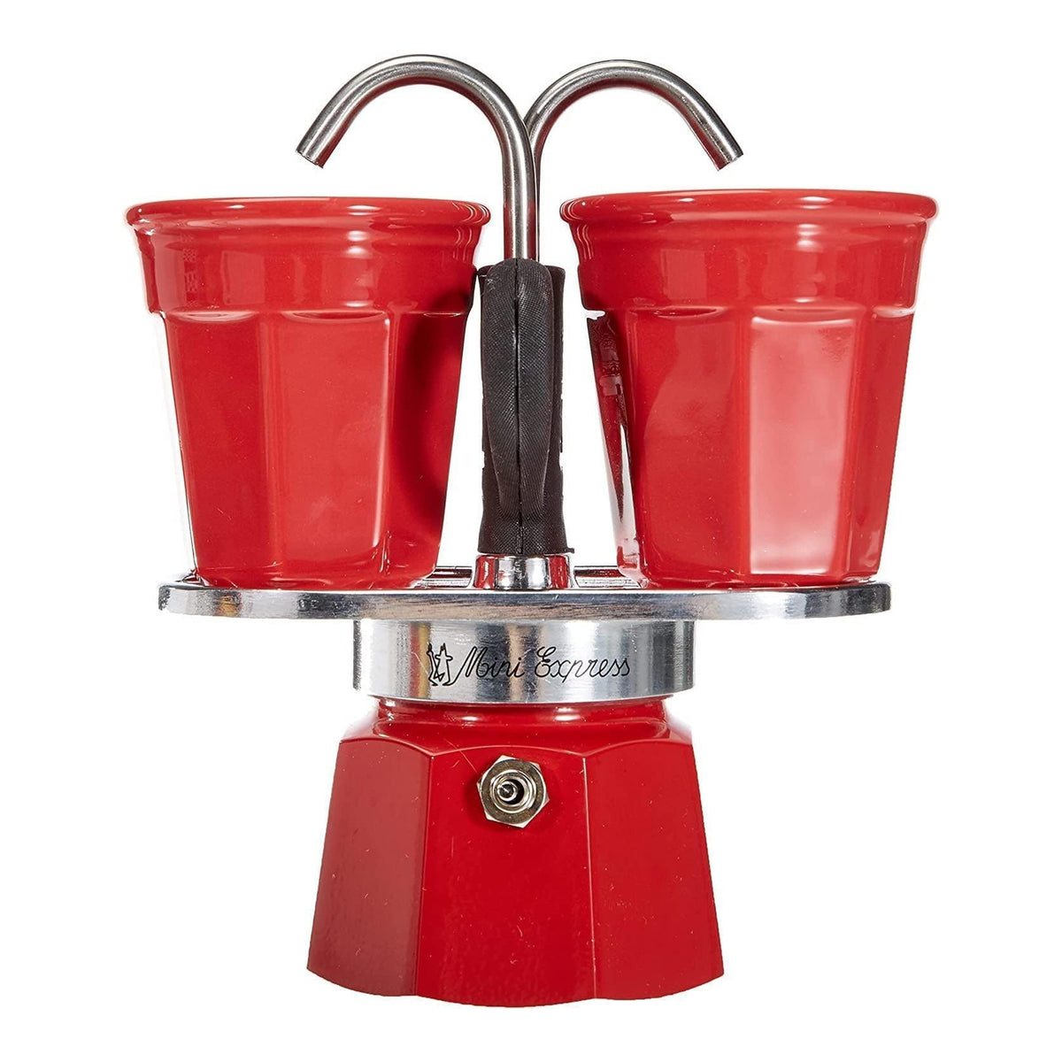 Bialetti Mini Express Rossa 2 Tazze – Caffettiera Moka in Alluminio con Erogazione Diretta e 2 Tazzine Incluse – Set Regalo Originale Bialetti per Gas, No Induzione