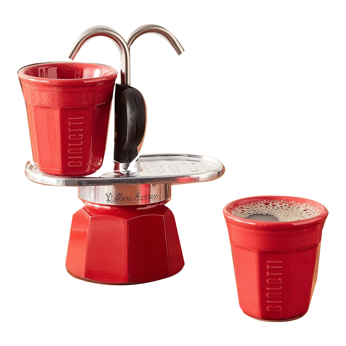 Bialetti Mini Express Rossa 2 Tazze – Caffettiera Moka in Alluminio con Erogazione Diretta e 2 Tazzine Incluse – Set Regalo Originale Bialetti per Gas, No Induzione