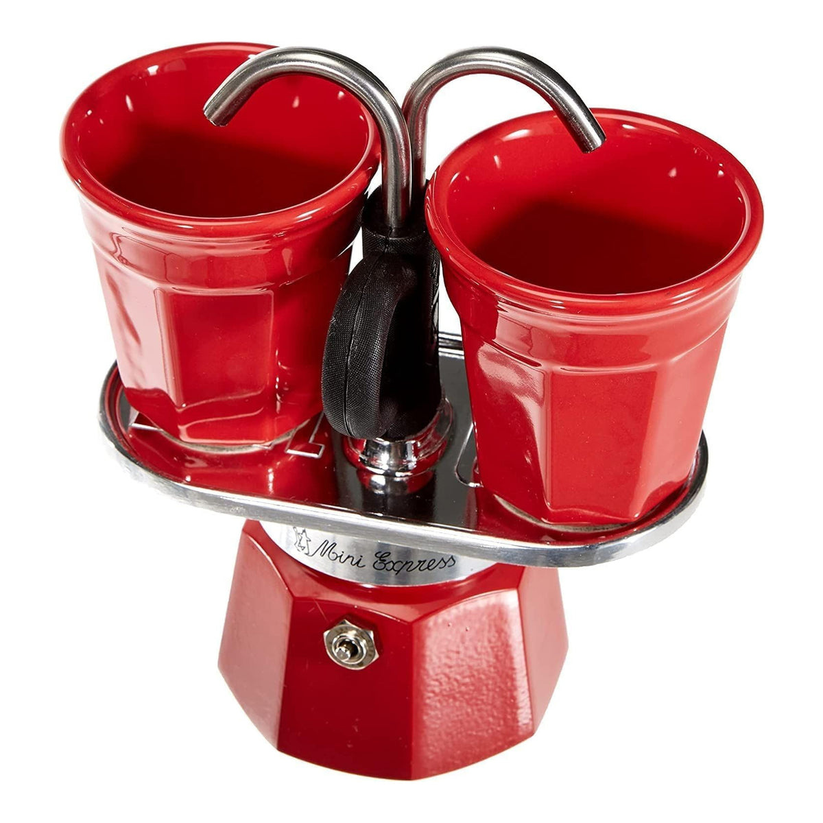 Bialetti Mini Express Rossa 2 Tazze – Caffettiera Moka in Alluminio con Erogazione Diretta e 2 Tazzine Incluse – Set Regalo Originale Bialetti per Gas, No Induzione