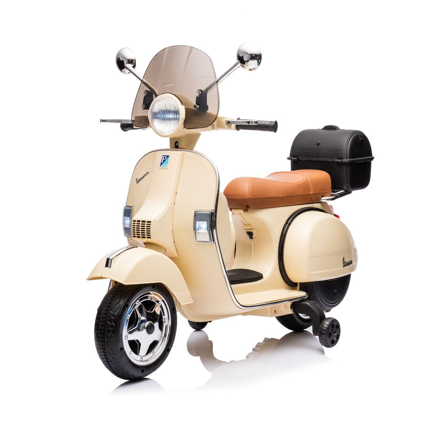 Moto Elettrica per Bambini Vespa PX Piaggio 12v con Rotelle Baule e Parabrezza