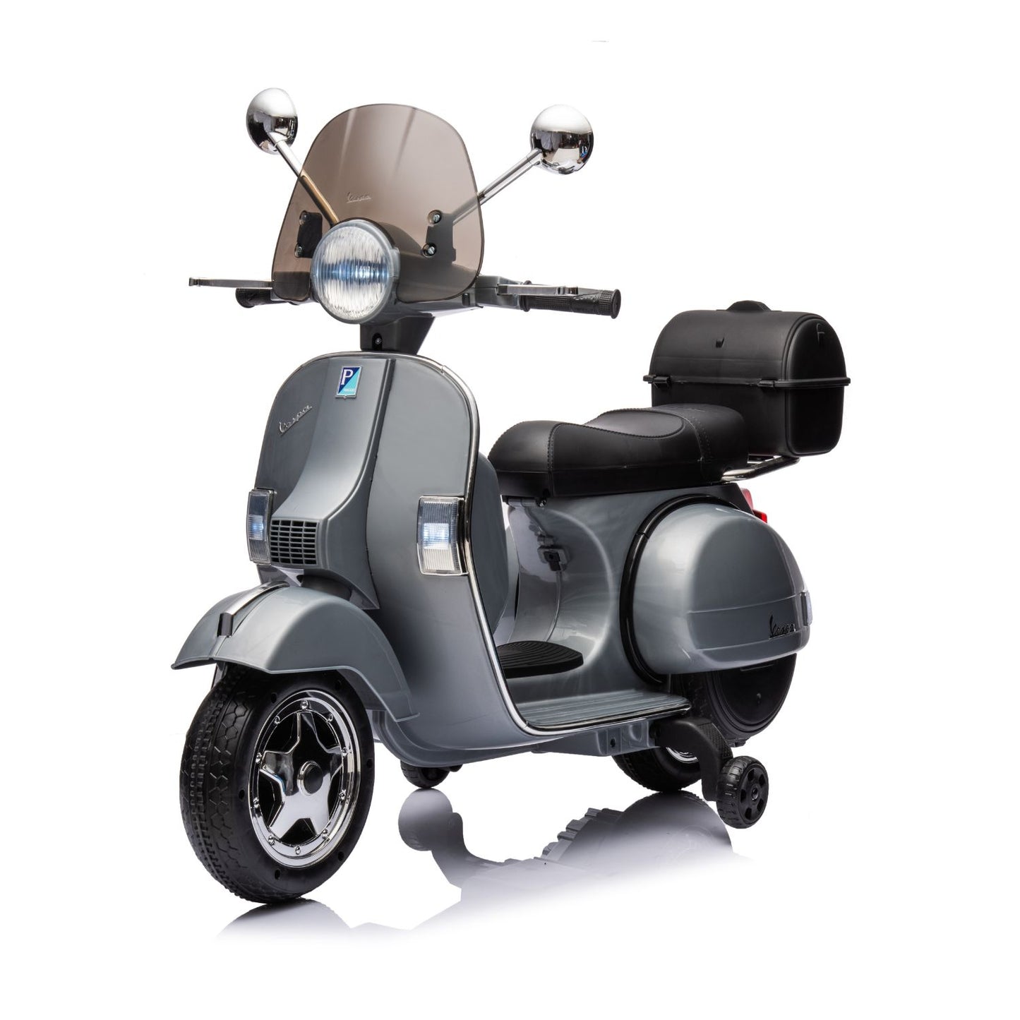 Moto Elettrica per Bambini Vespa PX Piaggio 12v con Rotelle Baule e Parabrezza