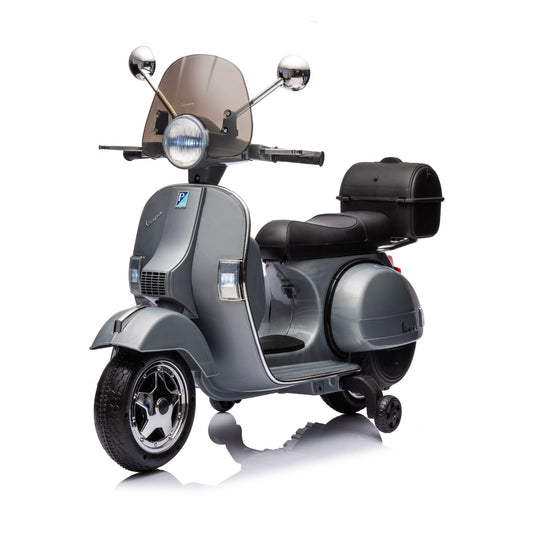 Moto Elettrica per Bambini Vespa PX Piaggio 12v con Rotelle Baule e Parabrezza