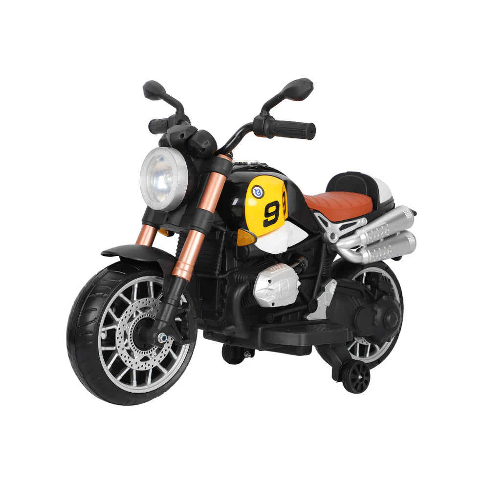 Moto Scrambler 12V per Bambini - Stile Retrò con Luci LED, Suoni Realistici e Rotelle Removibili