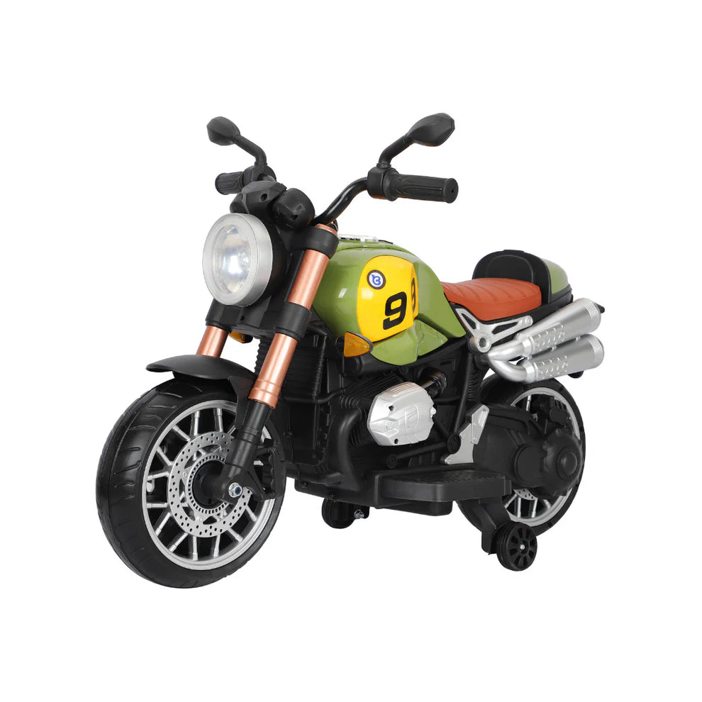 Moto Scrambler 12V per Bambini - Stile Retrò con Luci LED, Suoni Realistici e Rotelle Removibili