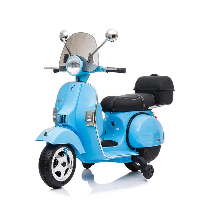 Moto Elettrica per Bambini Vespa PX Piaggio 12v con Rotelle Baule e Parabrezza