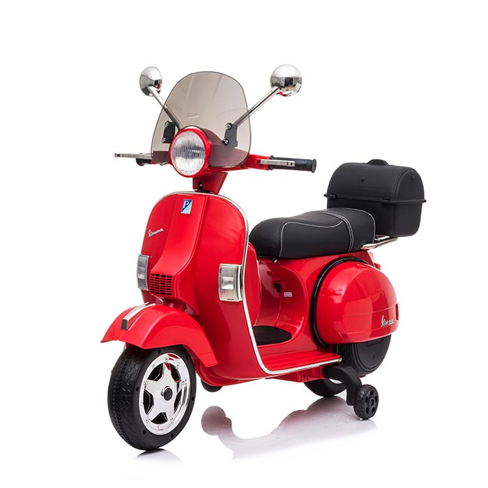 Moto Elettrica per Bambini Vespa PX Piaggio 12v con Rotelle Baule e Parabrezza