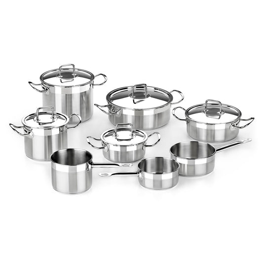 Juego de ollas profesional PINTI INOX 18/10 BRA 8 piezas CON TAPA (TOTAL 13 PIEZAS) triple fondo TAMBIÉN PARA INDUCCIÓN APTO PARA 1 A 6 PERSONAS