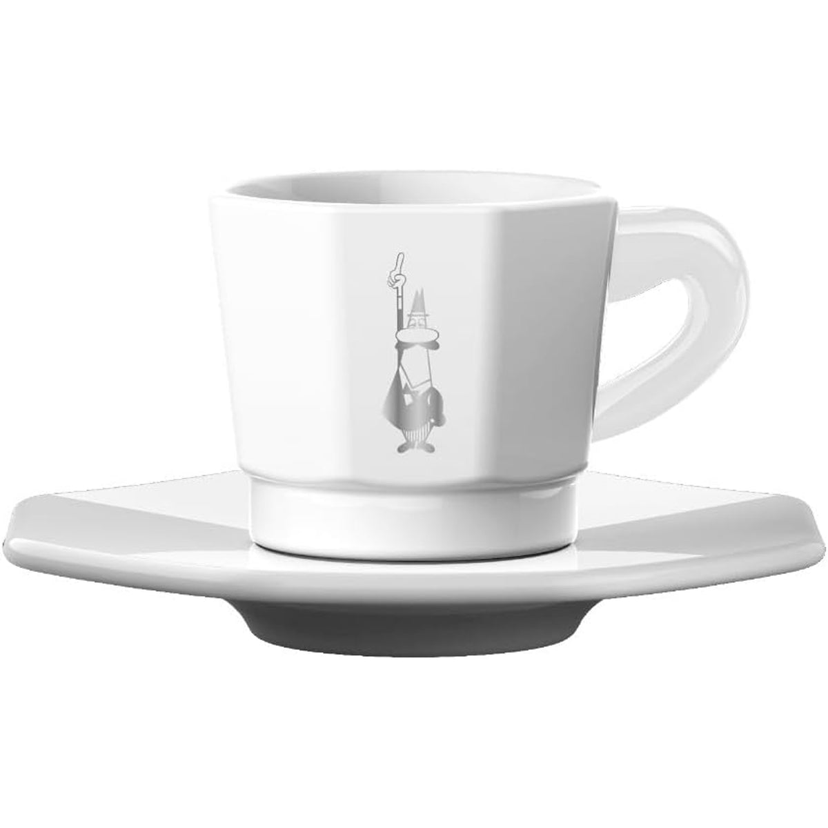 Bialetti Set 4 Tazzine Espresso Ottagonali con Piattini – Tazzine Moka Design Iconico 75 ml in Porcellana Bianca