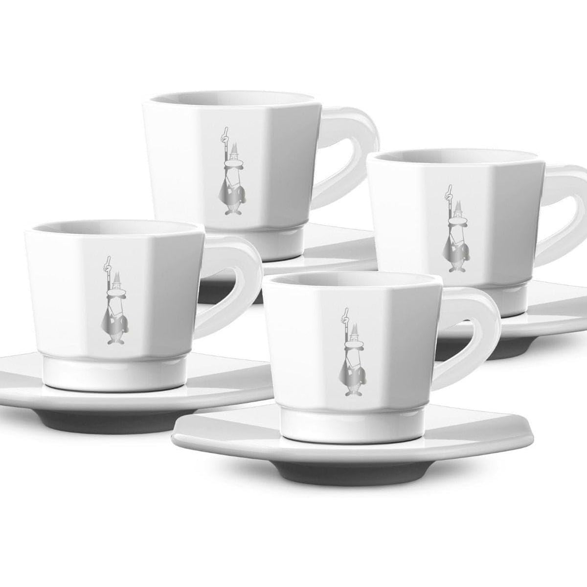 Bialetti Set 4 Tazzine Espresso Ottagonali con Piattini – Tazzine Moka Design Iconico 75 ml in Porcellana Bianca