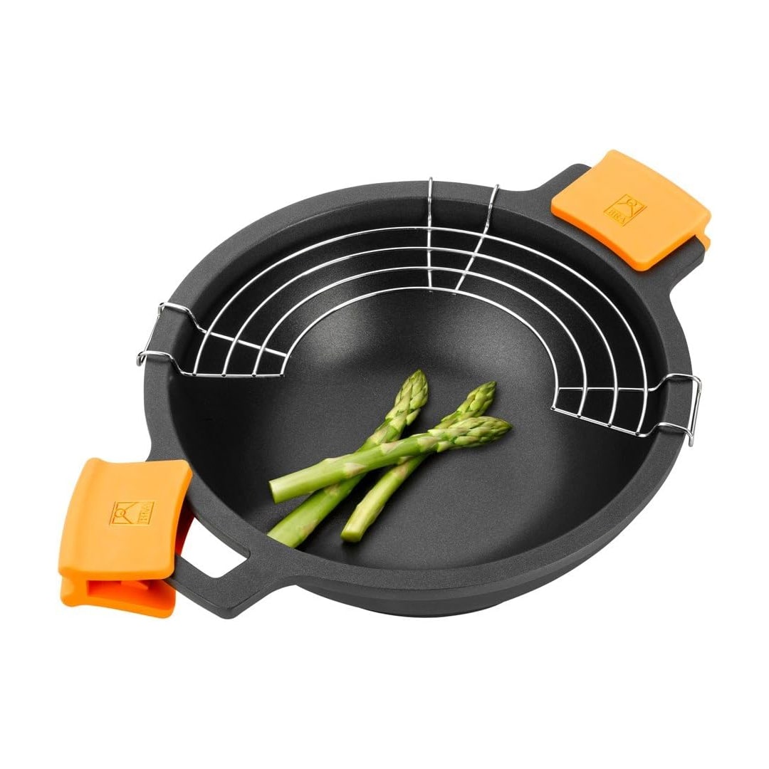 BRA Efficient Wok Antiaderente in Alluminio Pressofuso con Coperchio in Vetro, Adatto per Piani Cottura a Induzione, Arancio, 32 cm