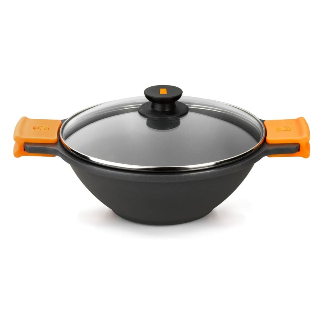 BRA Efficient Wok Antiaderente in Alluminio Pressofuso con Coperchio in Vetro, Adatto per Piani Cottura a Induzione, Arancio, 32 cm