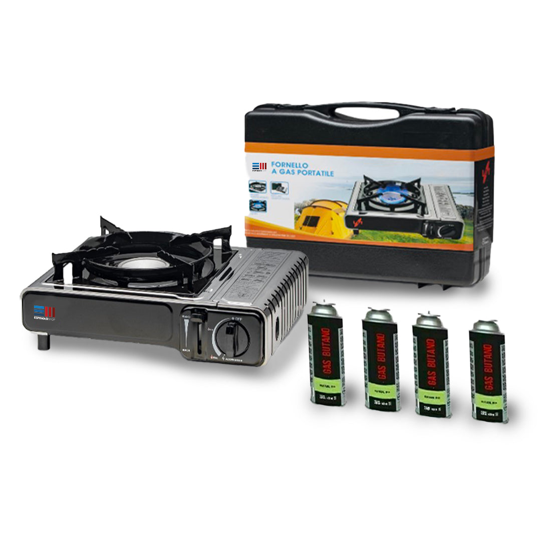 Fornello Portatile GPL Inox da Campeggio con Valigetta e 4 Cartucce Butano