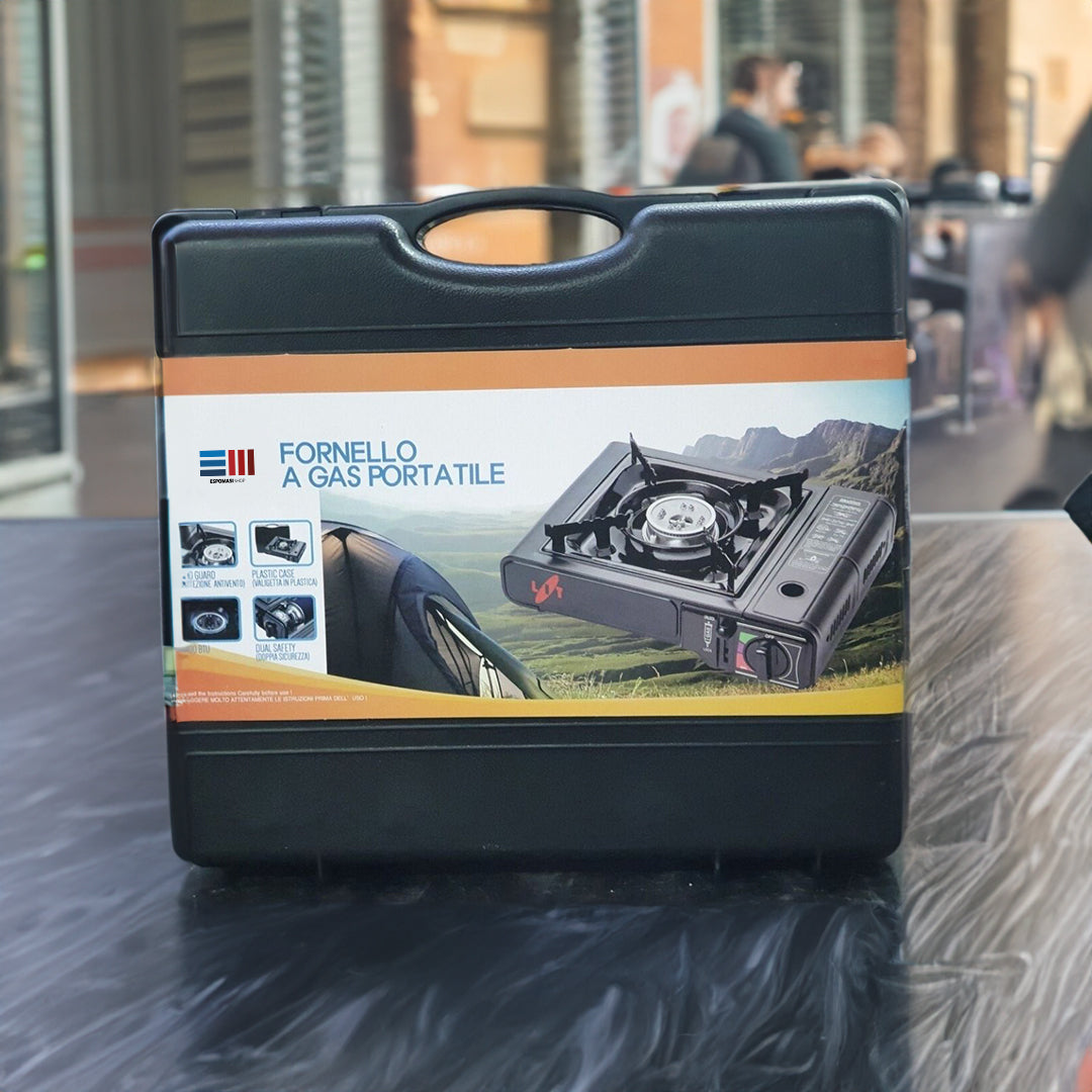 Fornello Portatile GPL Inox da Campeggio con Valigetta e 4 Cartucce Butano