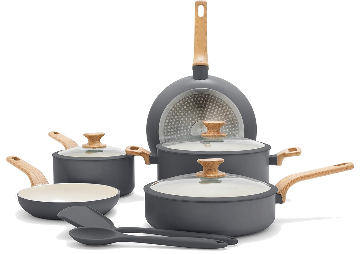 GreenPan Rio Essence Set Pentole 10 Pezzi Antiaderente Ceramica Thermolon™ Senza PFAS Induzione con Manici Effetto Legno e Coperchi in Vetro con Bordo Siliconato
