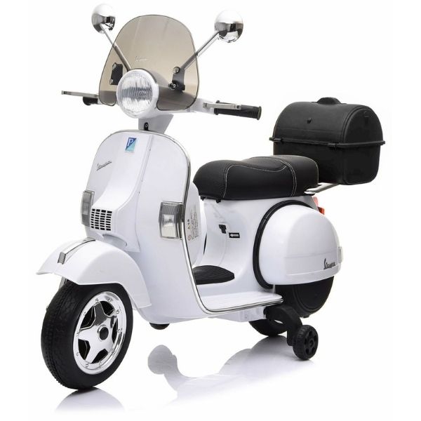 Moto Elettrica per Bambini Vespa PX Piaggio 12v con Rotelle Baule e Parabrezza