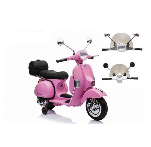 Moto Elettrica per Bambini Vespa PX Piaggio 12v con Rotelle Baule e Parabrezza
