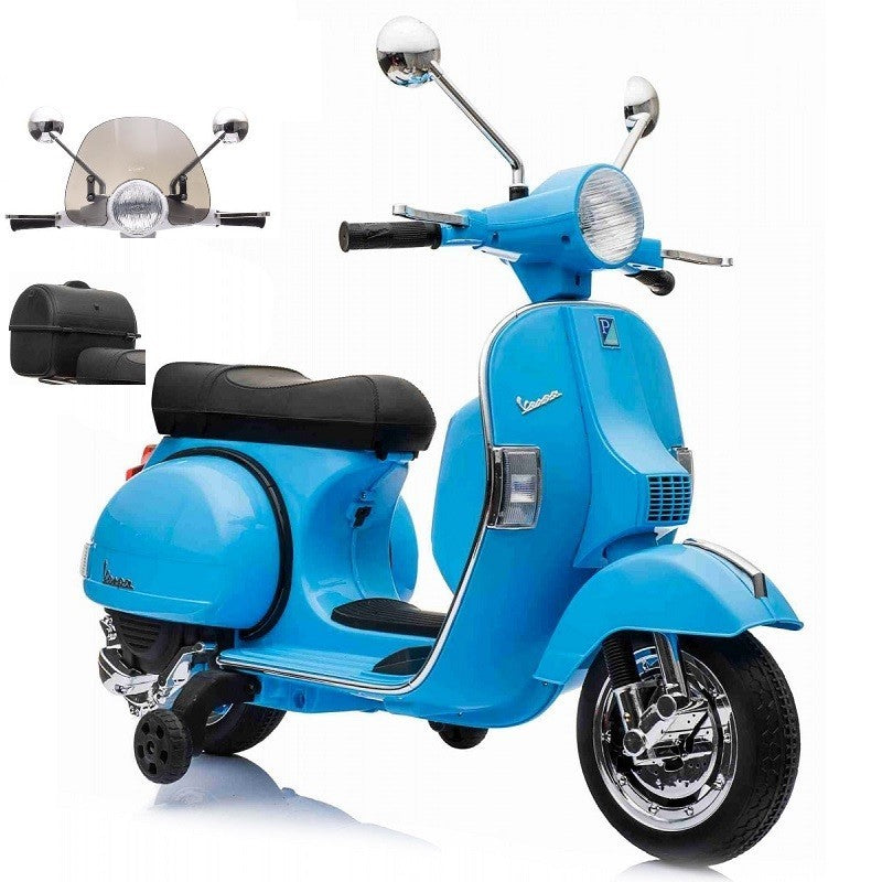 Moto Elettrica per Bambini Vespa PX Piaggio 12v con Rotelle Baule e Parabrezza