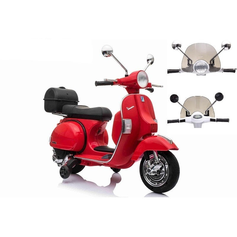 Moto Elettrica per Bambini Vespa PX Piaggio 12v con Rotelle Baule e Parabrezza