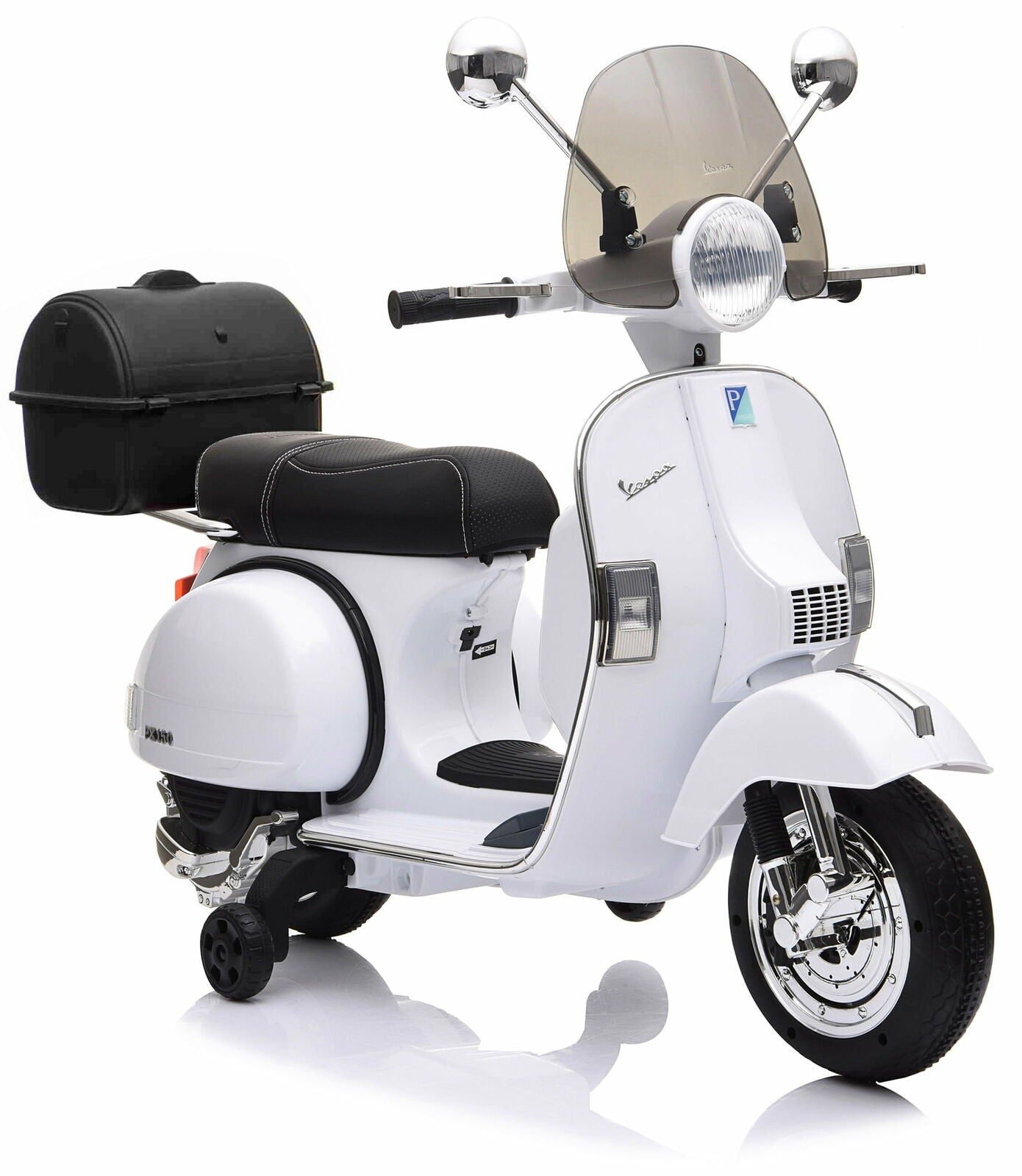 Moto Elettrica per Bambini Vespa PX Piaggio 12v con Rotelle Baule e Parabrezza