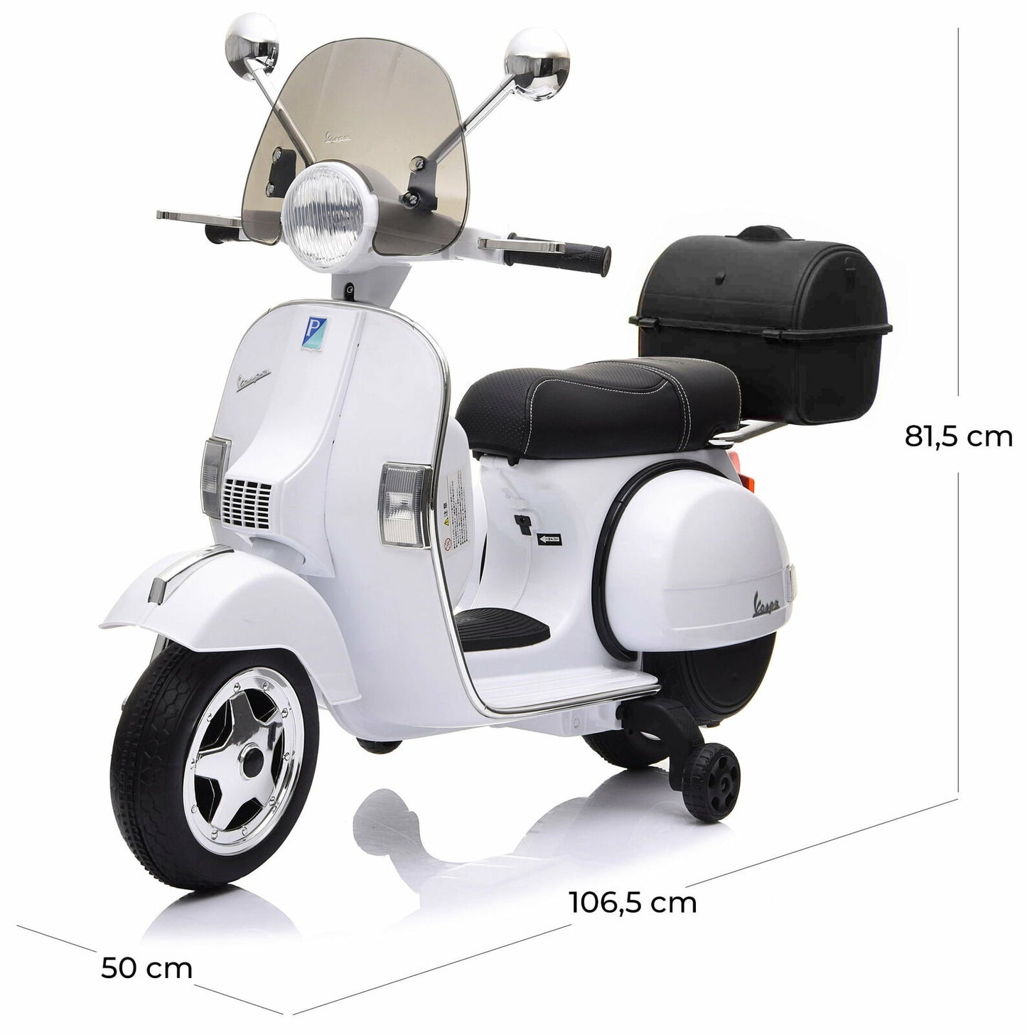 Moto Elettrica per Bambini Vespa PX Piaggio 12v con Rotelle Baule e Parabrezza