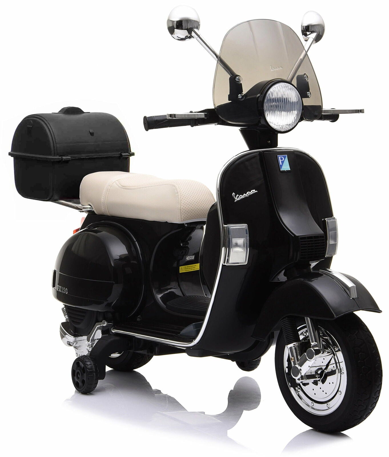 Moto Elettrica per Bambini Vespa PX Piaggio 12v con Rotelle Baule e Parabrezza