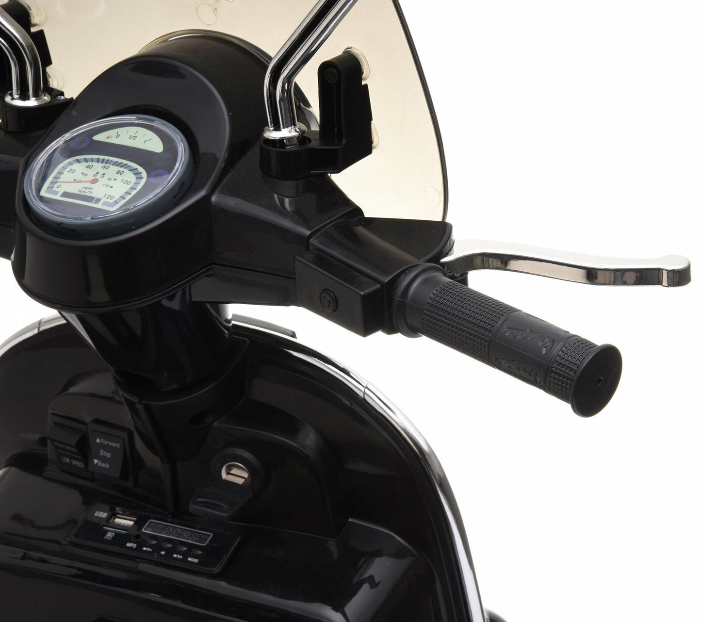 Moto Elettrica per Bambini Vespa PX Piaggio 12v con Rotelle Baule e Parabrezza