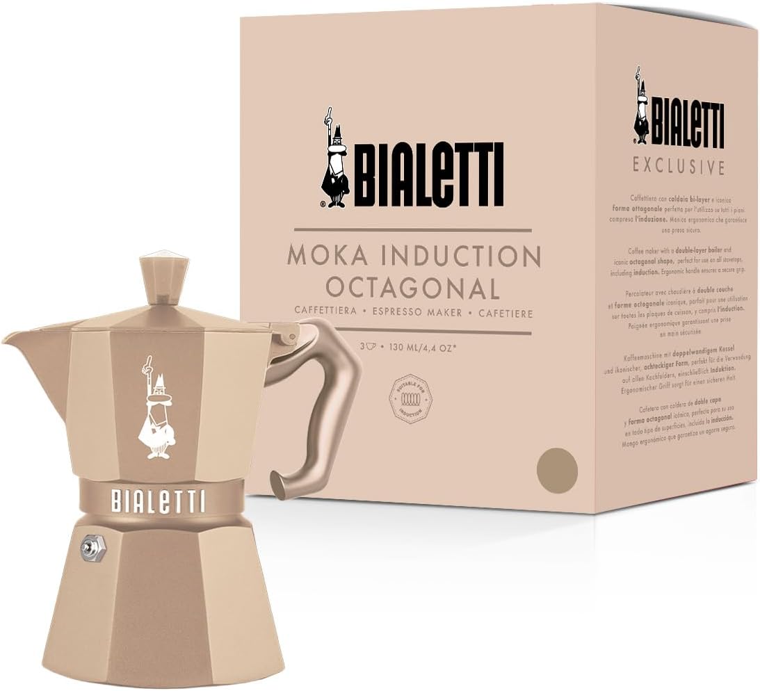 Bialetti Moka Exclusive Octagonal Induction 3 Tazze – Caffettiera Made in Italy in Alluminio e Acciaio per Induzione e Gas – Colori Desert Sand e Silver Grey