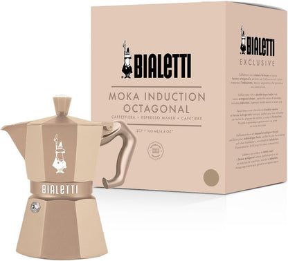 Bialetti Moka Exclusive Octagonal Induction 3 Tazze – Caffettiera Made in Italy in Alluminio e Acciaio per Induzione e Gas – Colori Desert Sand e Silver Grey