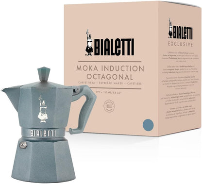 Bialetti Moka Exclusive Octagonal Induction 3 Tazze – Caffettiera Made in Italy in Alluminio e Acciaio per Induzione e Gas – Colori Desert Sand e Silver Grey
