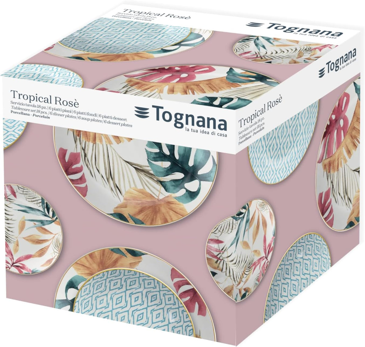 NEW Tognana Servizio Tavola Madison Tropical Rosè 18 Pezzi in Porcellana Multicolor – Set Piatti 6 Persone Tropicale Floreale Adatto a Lavastoviglie e Microonde