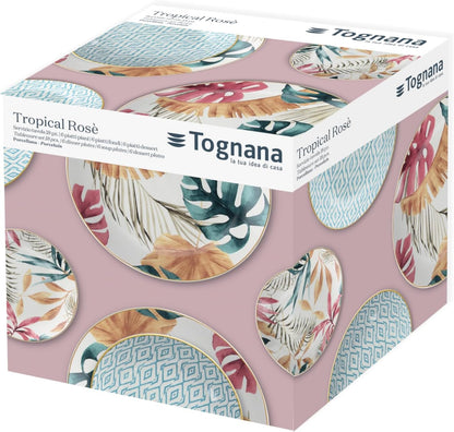 NEW Tognana Servizio Tavola Madison Tropical Rosè 18 Pezzi in Porcellana Multicolor – Set Piatti 6 Persone Tropicale Floreale Adatto a Lavastoviglie e Microonde