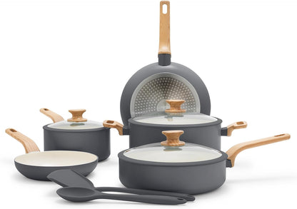 GreenPan Rio Essence Set Pentole 10 Pezzi Antiaderente Ceramica Thermolon™ Senza PFAS Induzione con Manici Effetto Legno e Coperchi in Vetro con Bordo Siliconato