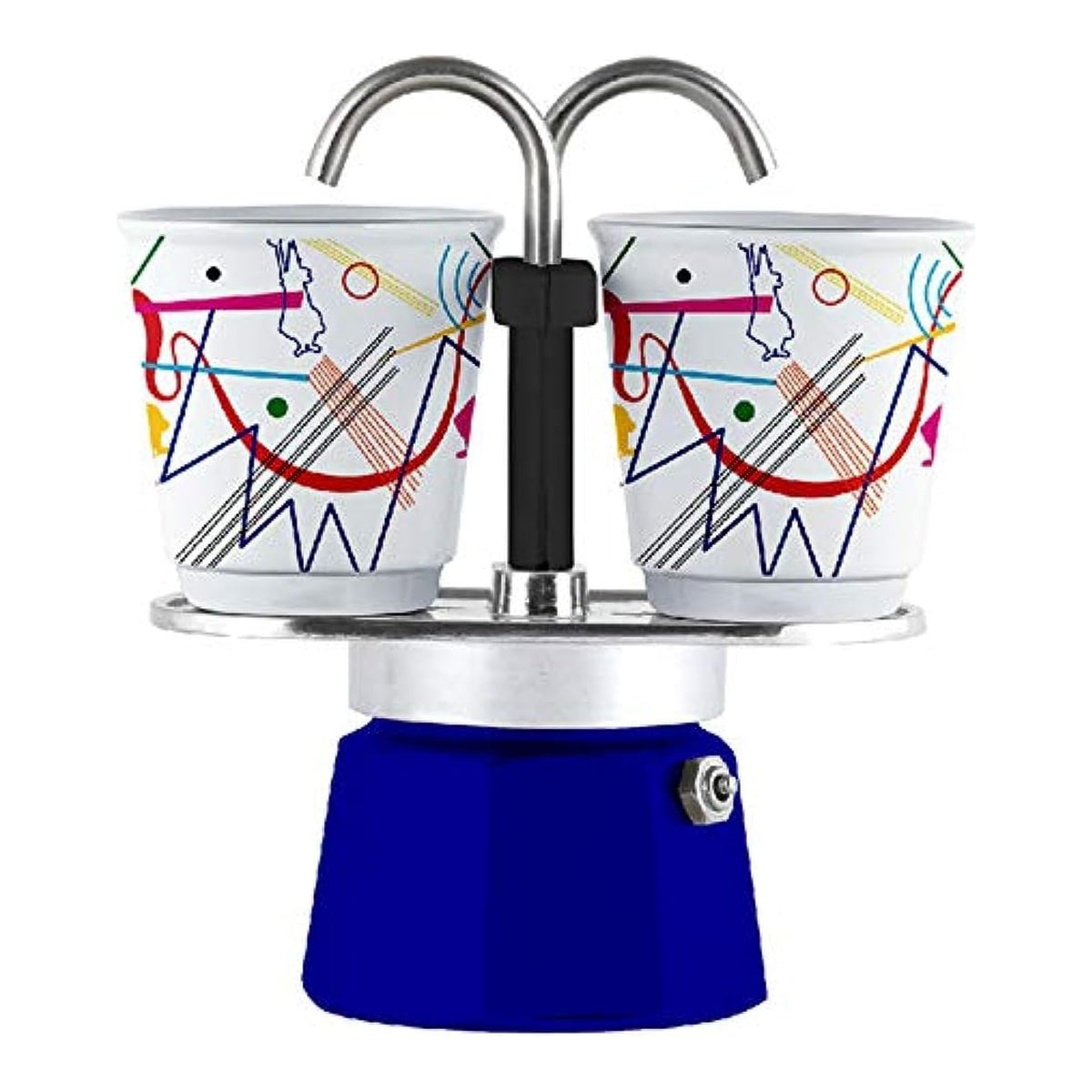 Bialetti Mini Express Kandinsky Blu 2 Tazze – Caffettiera Moka in Alluminio con Erogazione Diretta e 2 Tazzine Incluse – Set Regalo per Coppia, Gas No Induzione