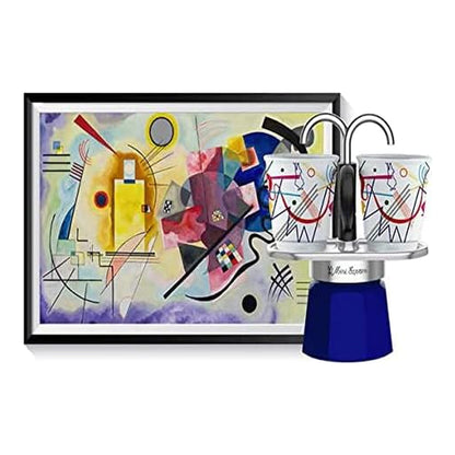 Bialetti Mini Express Kandinsky Blu 2 Tazze – Caffettiera Moka in Alluminio con Erogazione Diretta e 2 Tazzine Incluse – Set Regalo per Coppia, Gas No Induzione