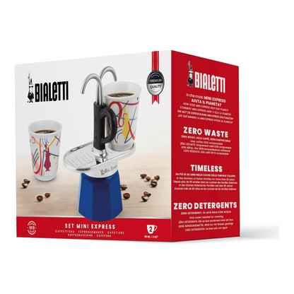 Bialetti Mini Express Kandinsky Blu 2 Tazze – Caffettiera Moka in Alluminio con Erogazione Diretta e 2 Tazzine Incluse – Set Regalo per Coppia, Gas No Induzione