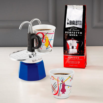 Bialetti Mini Express Kandinsky Blu 2 Tazze – Caffettiera Moka in Alluminio con Erogazione Diretta e 2 Tazzine Incluse – Set Regalo per Coppia, Gas No Induzione