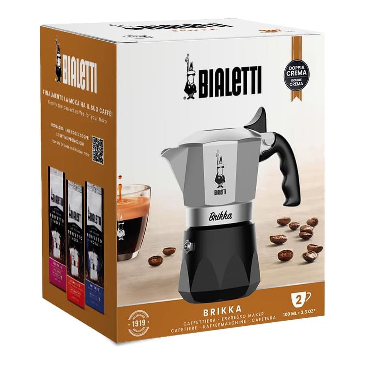 Bialetti Brikka 2 TAZZE– Caffettiera Speciale per Caffè Espresso con Crema, Tecnologia con Membrana in Silicone e Manico Antiscottatura