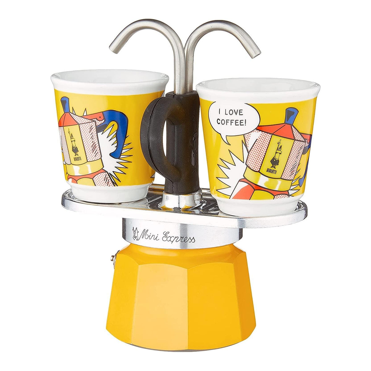 Bialetti Mini Express Lichtenstein Gialla 2 Tazze – Caffettiera Moka in Alluminio con Erogazione Diretta e 2 Tazzine Incluse – Set Regalo per Coppia, Gas No Induzione