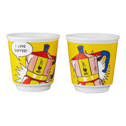 Bialetti Mini Express Lichtenstein Gialla 2 Tazze – Caffettiera Moka in Alluminio con Erogazione Diretta e 2 Tazzine Incluse – Set Regalo per Coppia, Gas No Induzione